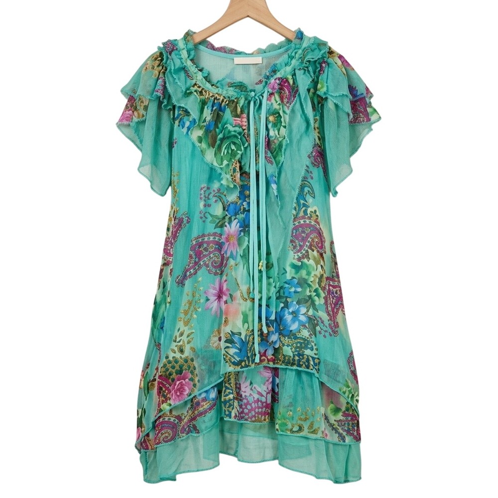 Pretty Angel Silk Blend Floral Paisley Ruffle Tunic Top Green Boho Large